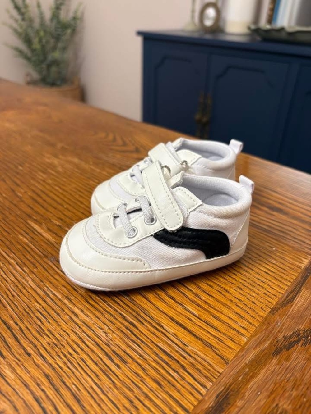 White and Black Kids Sneaker with Hook-and-Loop Strap Size 2 Soft Sole